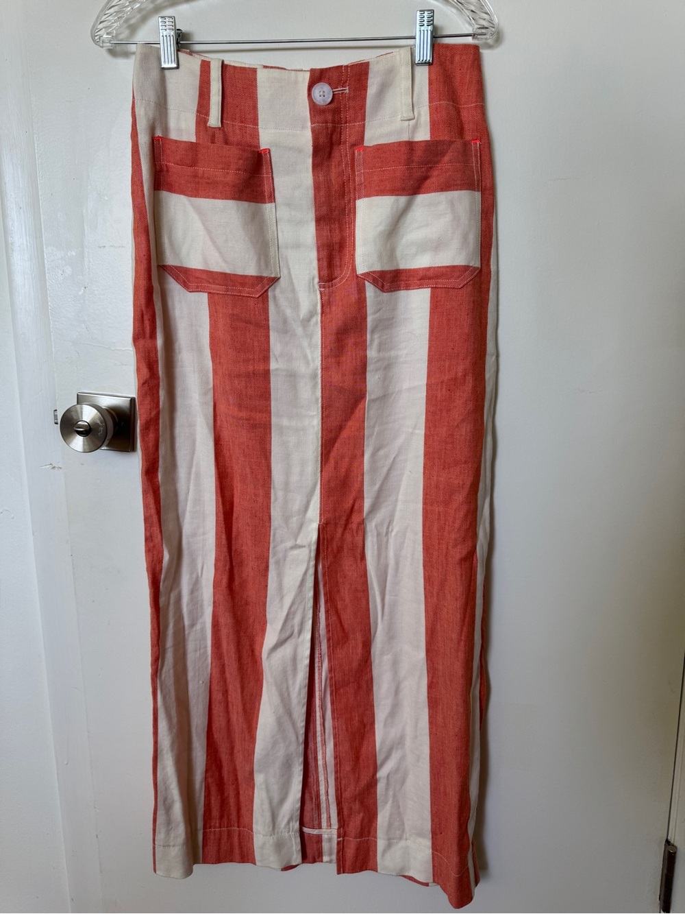 Coral and White Vertical-Stripe Midi Skirt with Front Slit - Picture 2 of 4